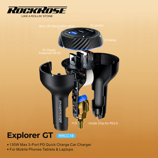 Rockrose Explorer GT 130W Max 3-Port PD Quick Charge Car Charger