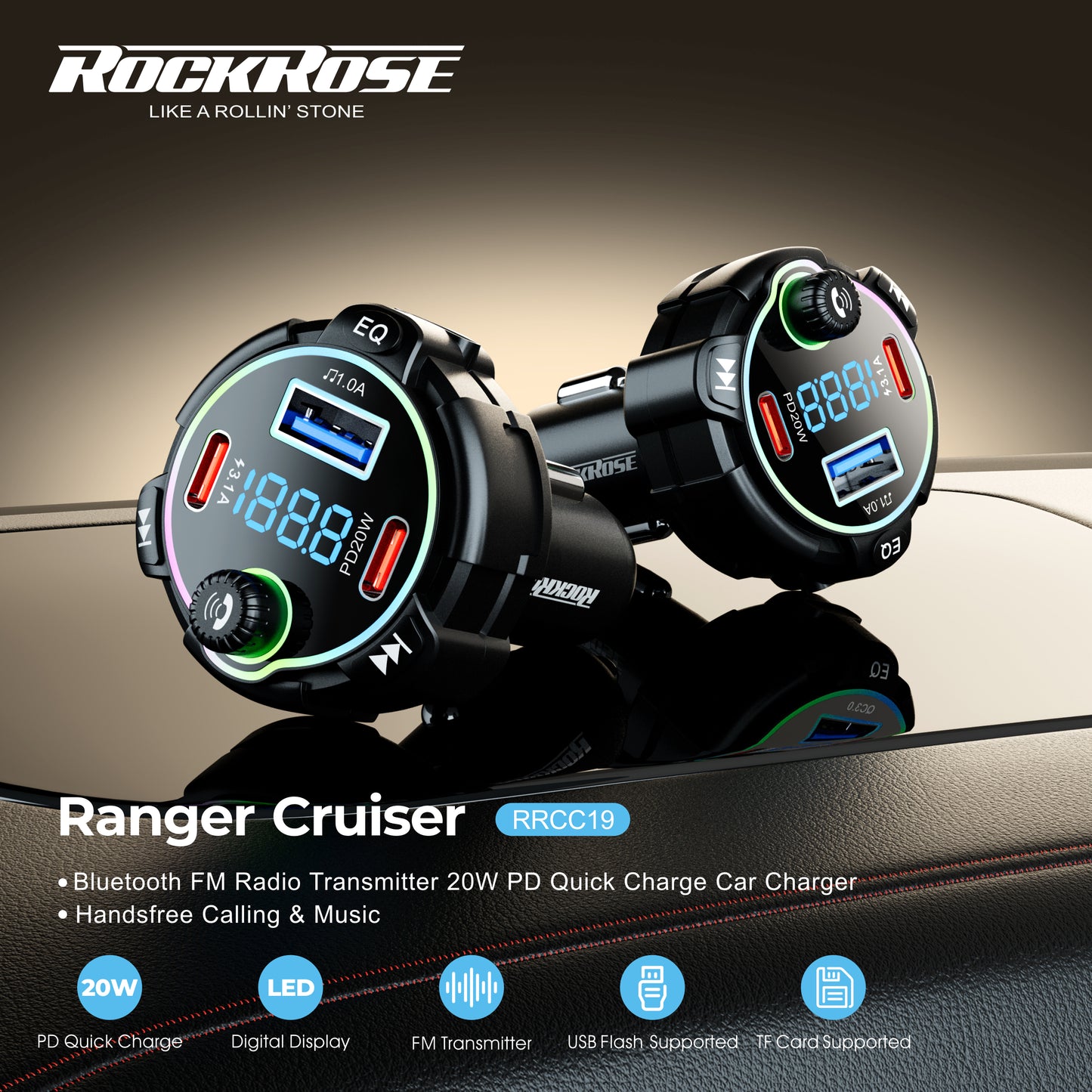 Rockrose Ranger Cruiser Bluetooth FM Radio Transmitter 20W PD Quick Charge Car Charger