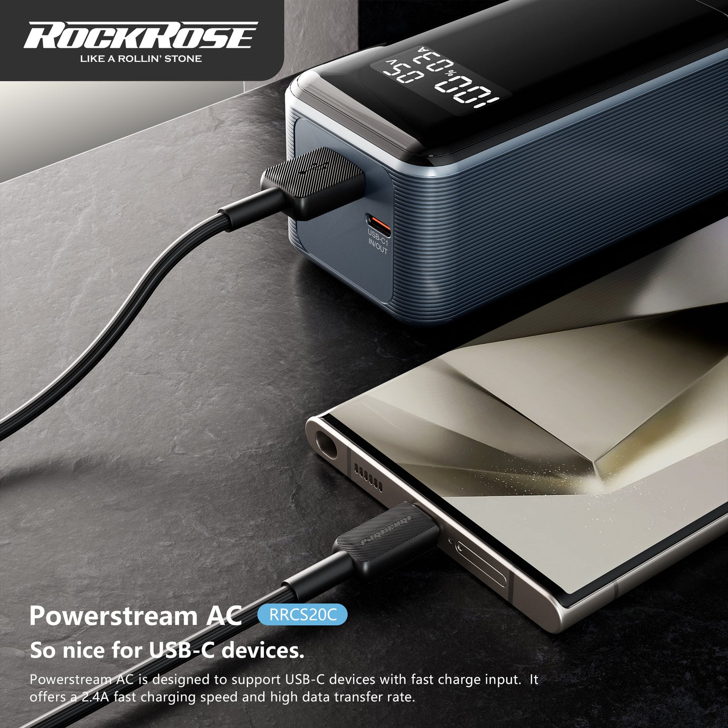 RockRose Powerstream AC 2.4A 1M USB-C Cable