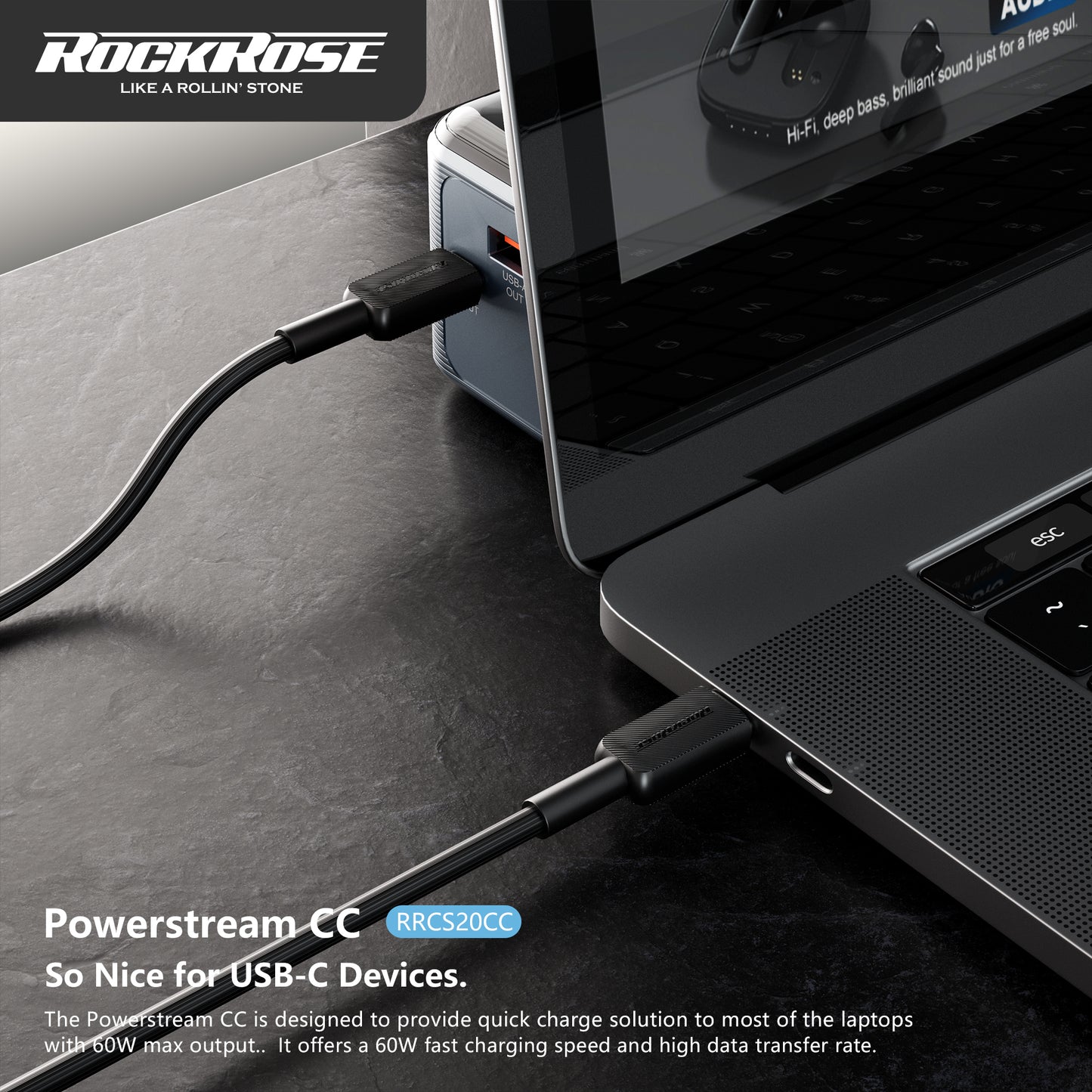 RockRose Powerstream CC 3A 60W Max 1M USB-C to USB-C Cable
