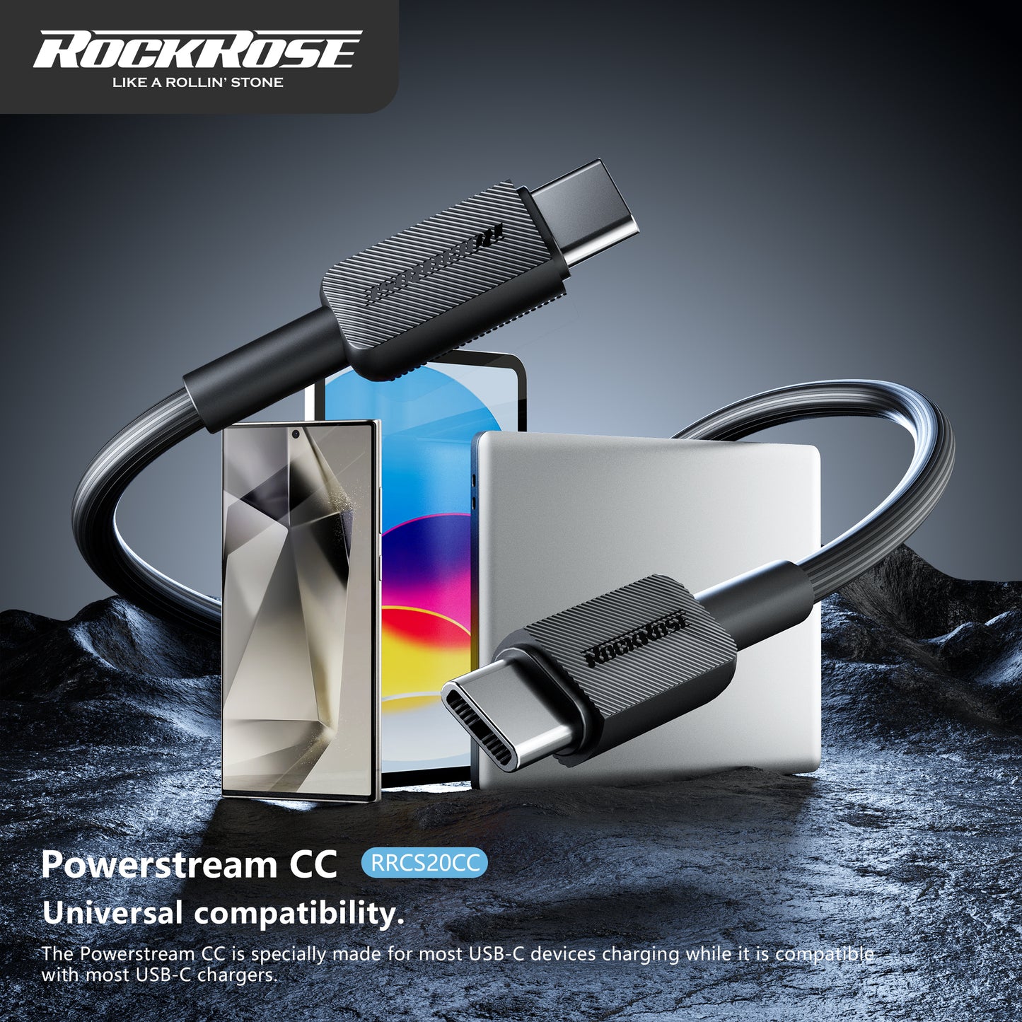 RockRose Powerstream CC 3A 60W Max 1M USB-C to USB-C Cable