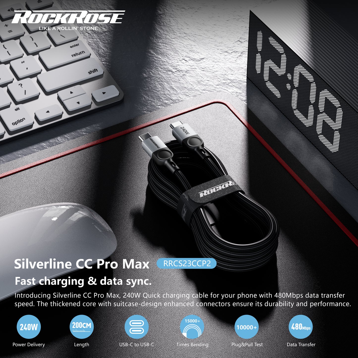 Rockrose Sliverline CC Pro Max 240W PD Quick Charge  2M USB-C to USB-C Fast Charging & Data Sync Cable