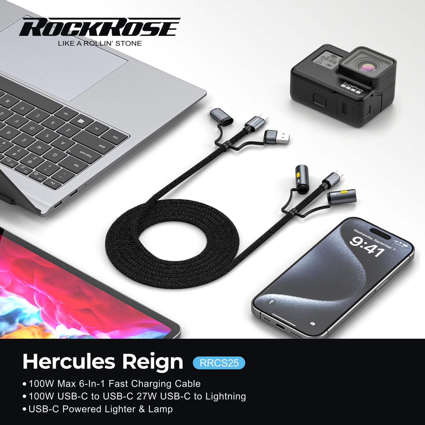 Rockrose Hercules Reign 100W Max 6-In-1 Fast Charging Cable