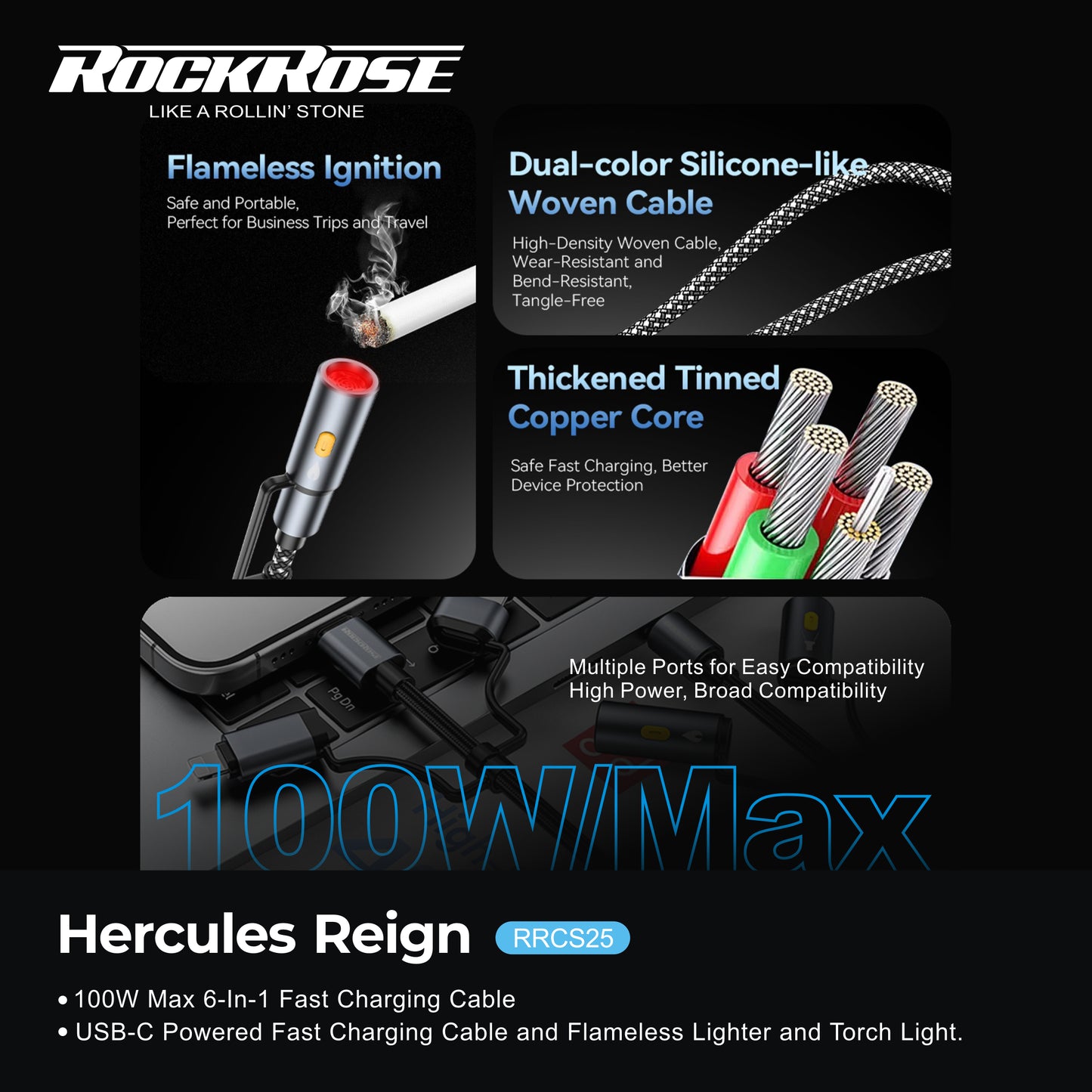 Rockrose Hercules Reign 100W Max 6-In-1 Fast Charging Cable