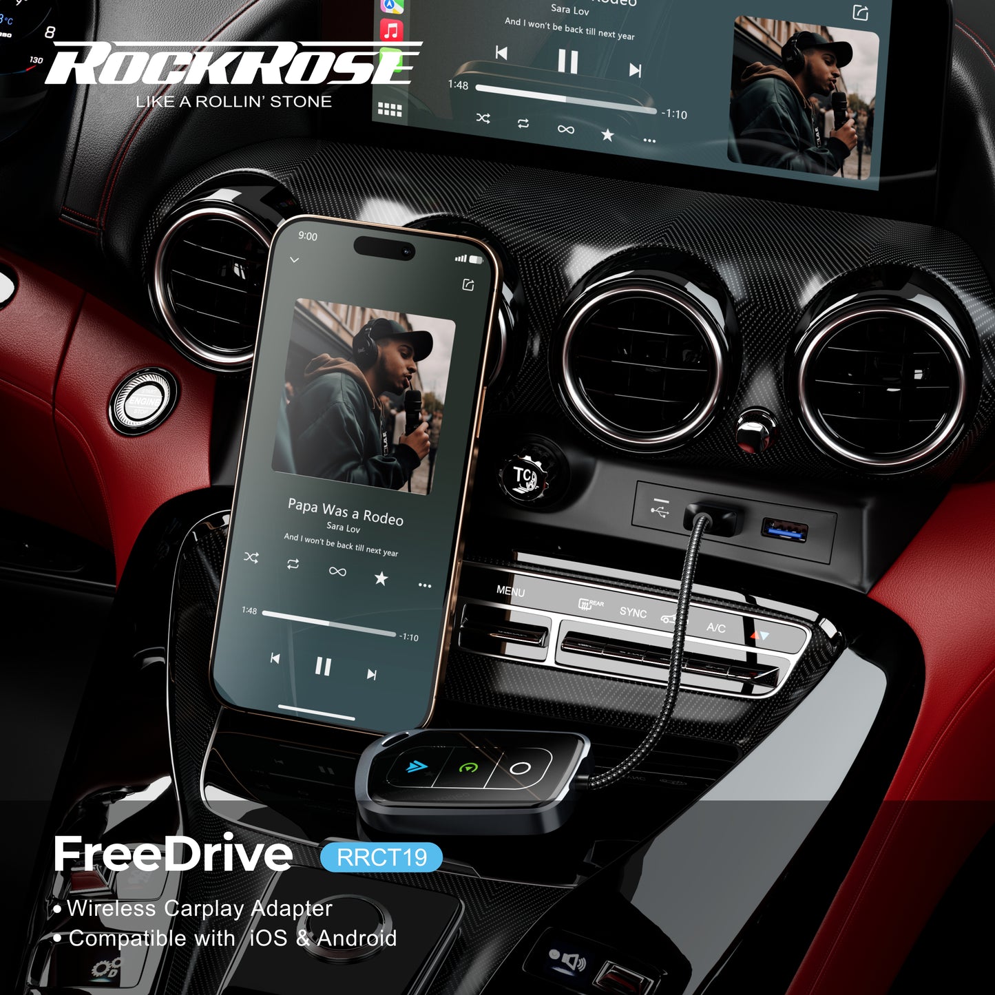 Rockrose FreeDrive Wireless Carplay Adapter Compatible with  iOS & Android