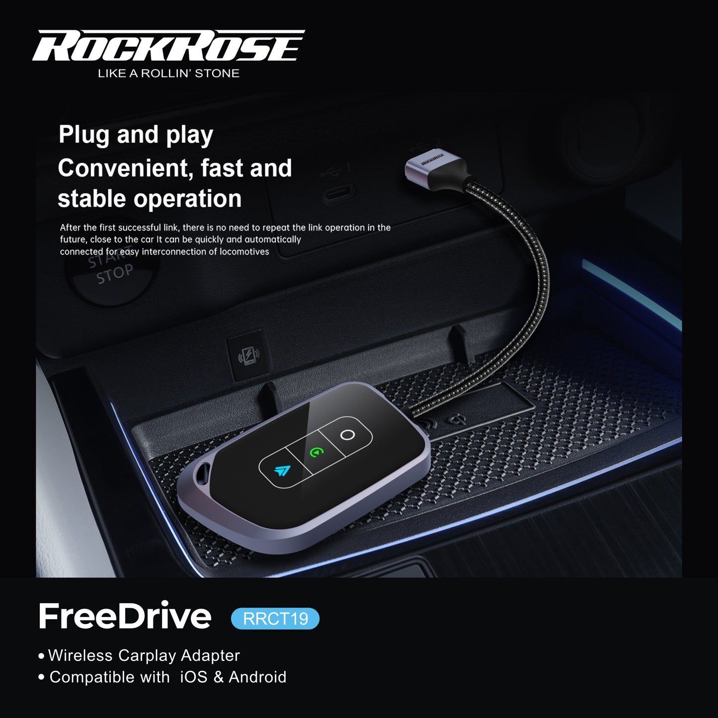 Rockrose FreeDrive Wireless Carplay Adapter Compatible with  iOS & Android