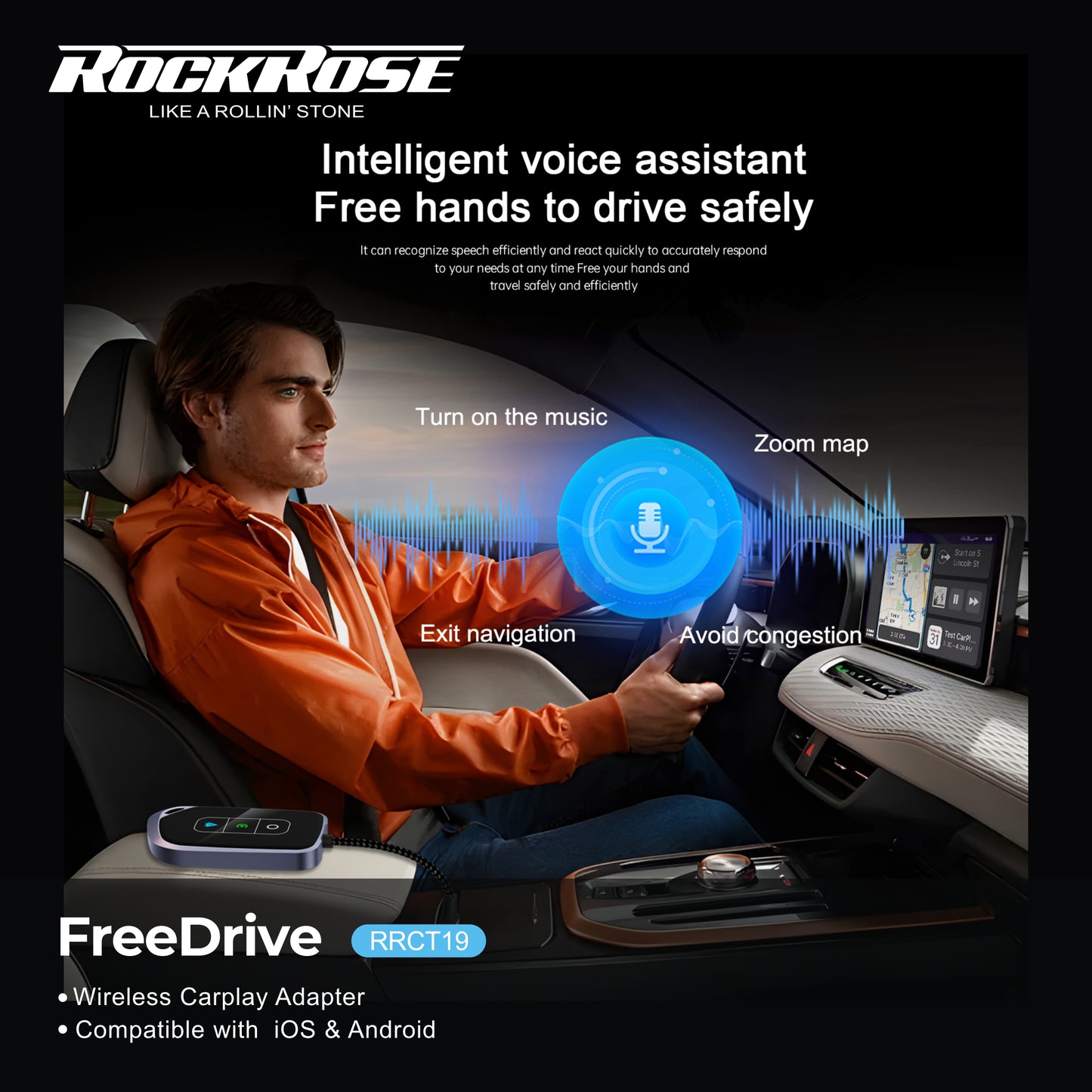 Rockrose FreeDrive Wireless Carplay Adapter Compatible with  iOS & Android