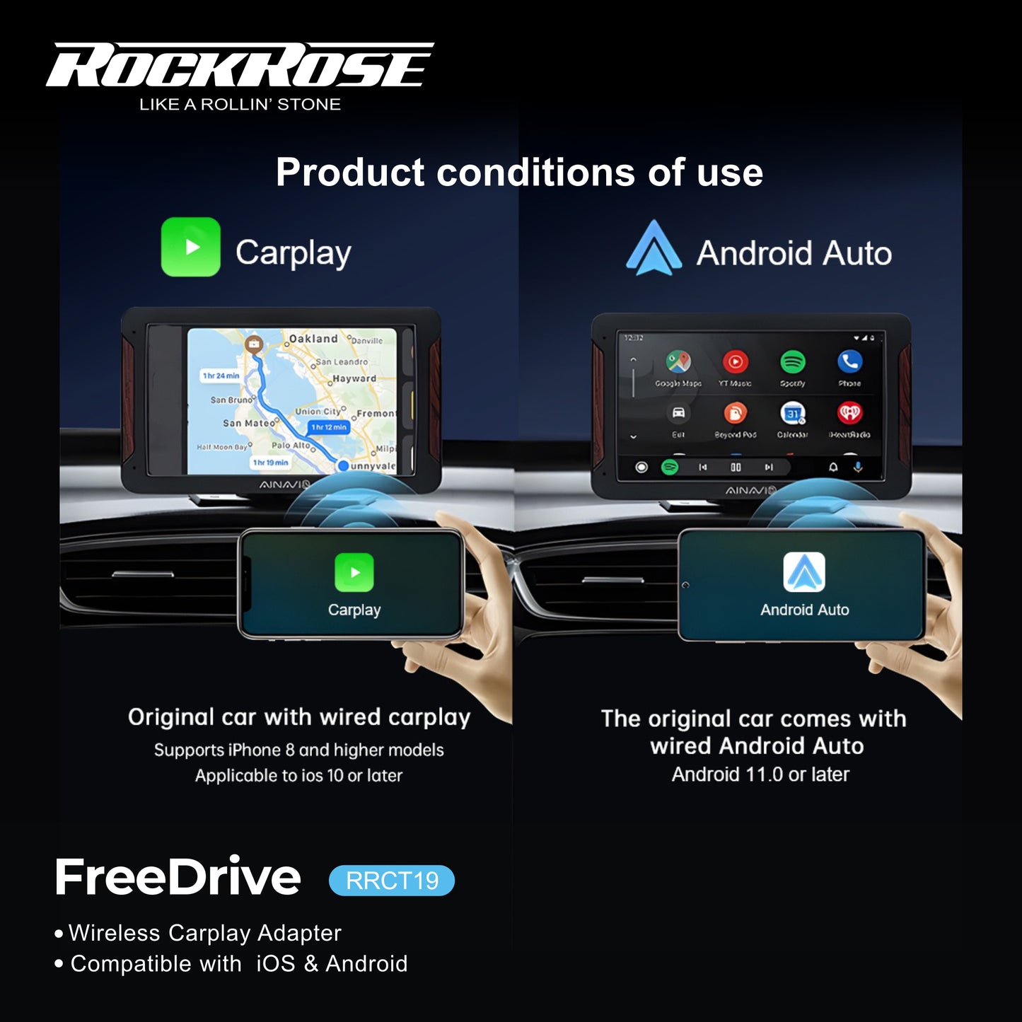 Rockrose FreeDrive Wireless Carplay Adapter Compatible with  iOS & Android