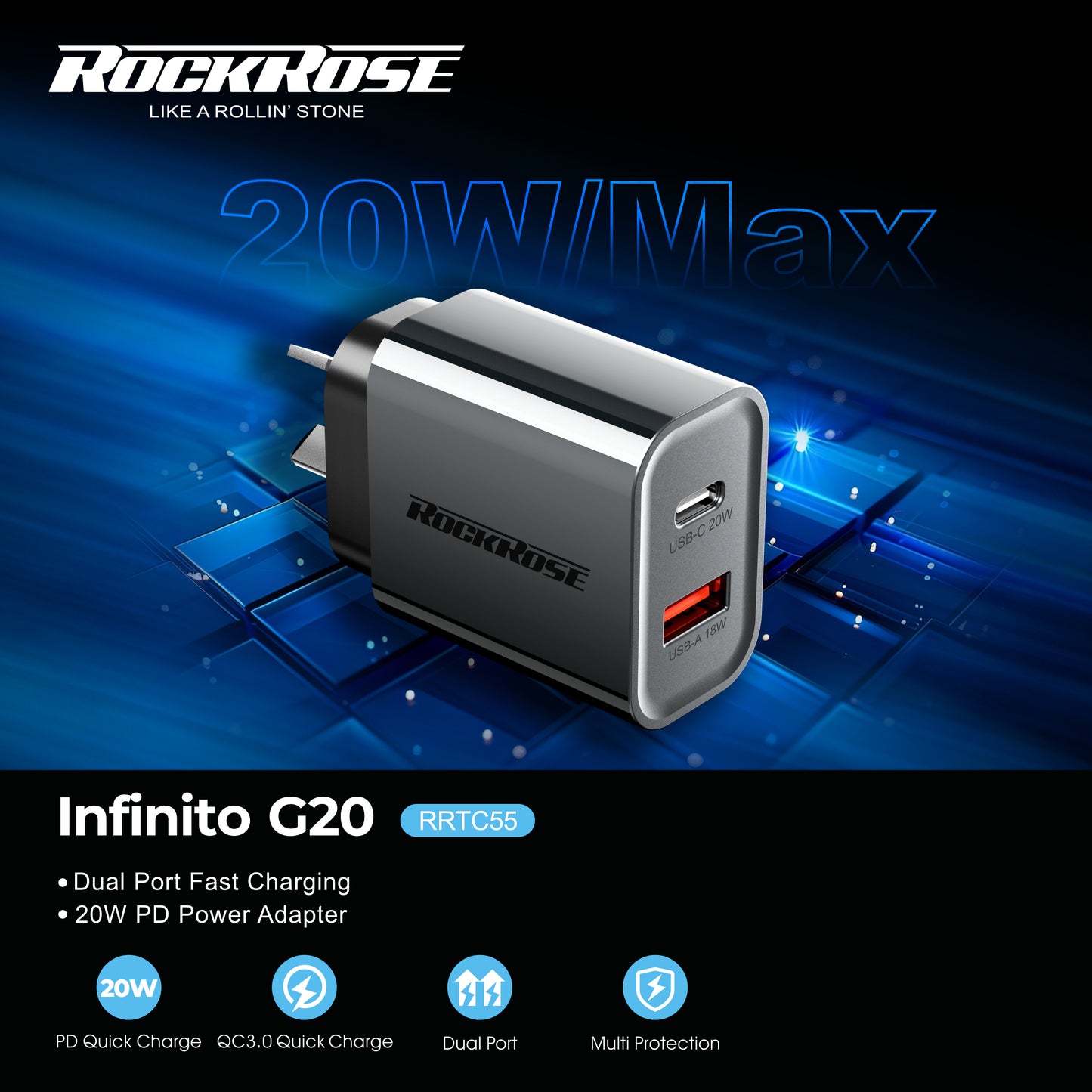 Rockrose Infinito G20 Dual Port Fast Charging 20W PD Power Adapter