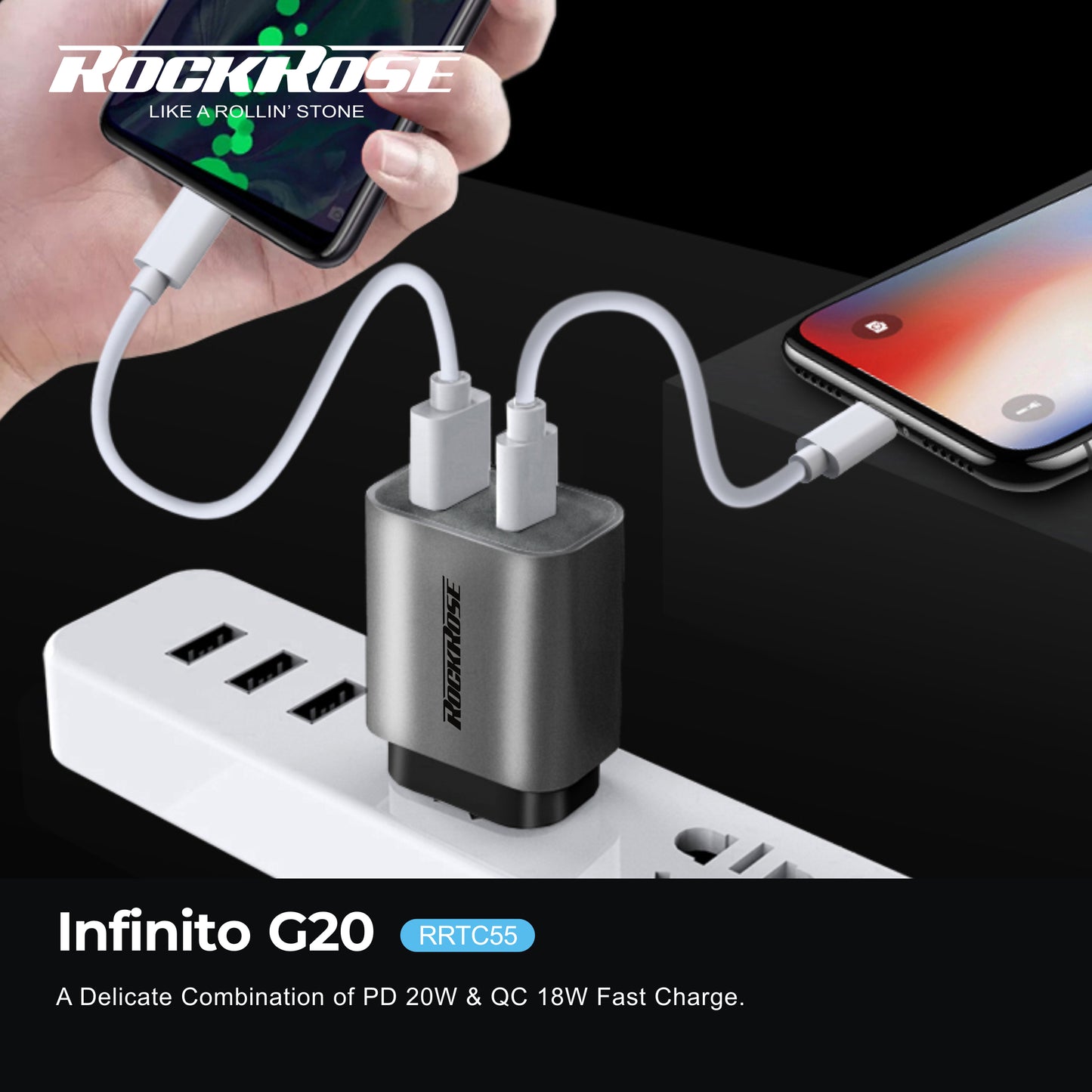 Rockrose Infinito G20 Dual Port Fast Charging 20W PD Power Adapter