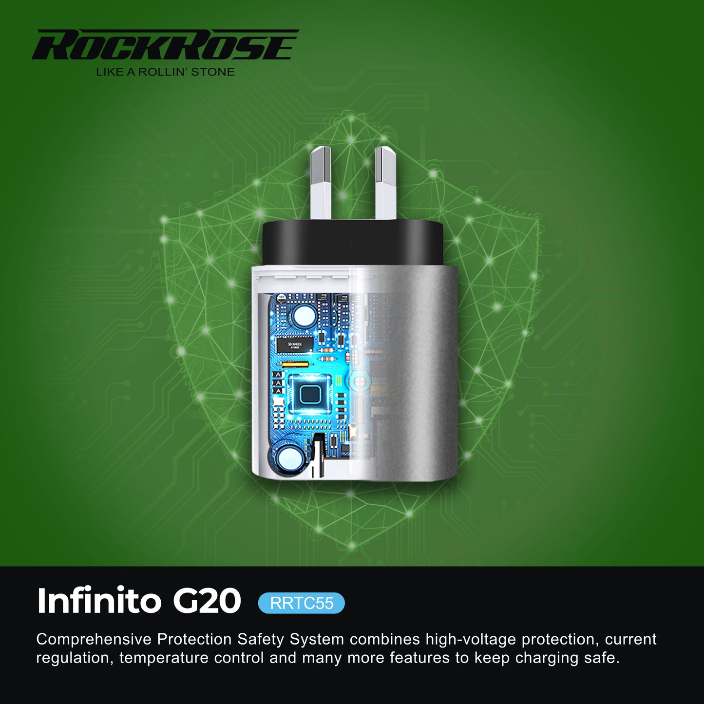 Rockrose Infinito G20 Dual Port Fast Charging 20W PD Power Adapter