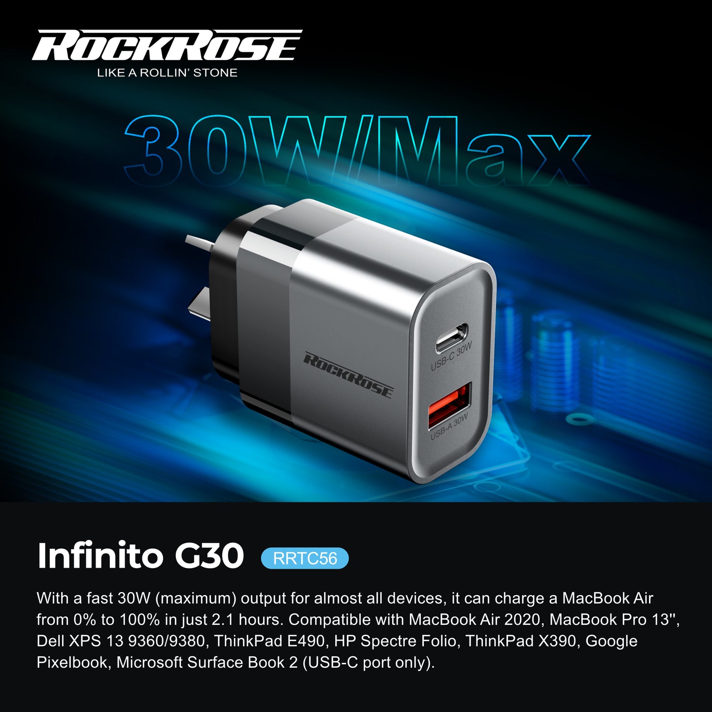 Rockrose Infinito G30 Dual Port Fast Charging 30W PD Power Adapter