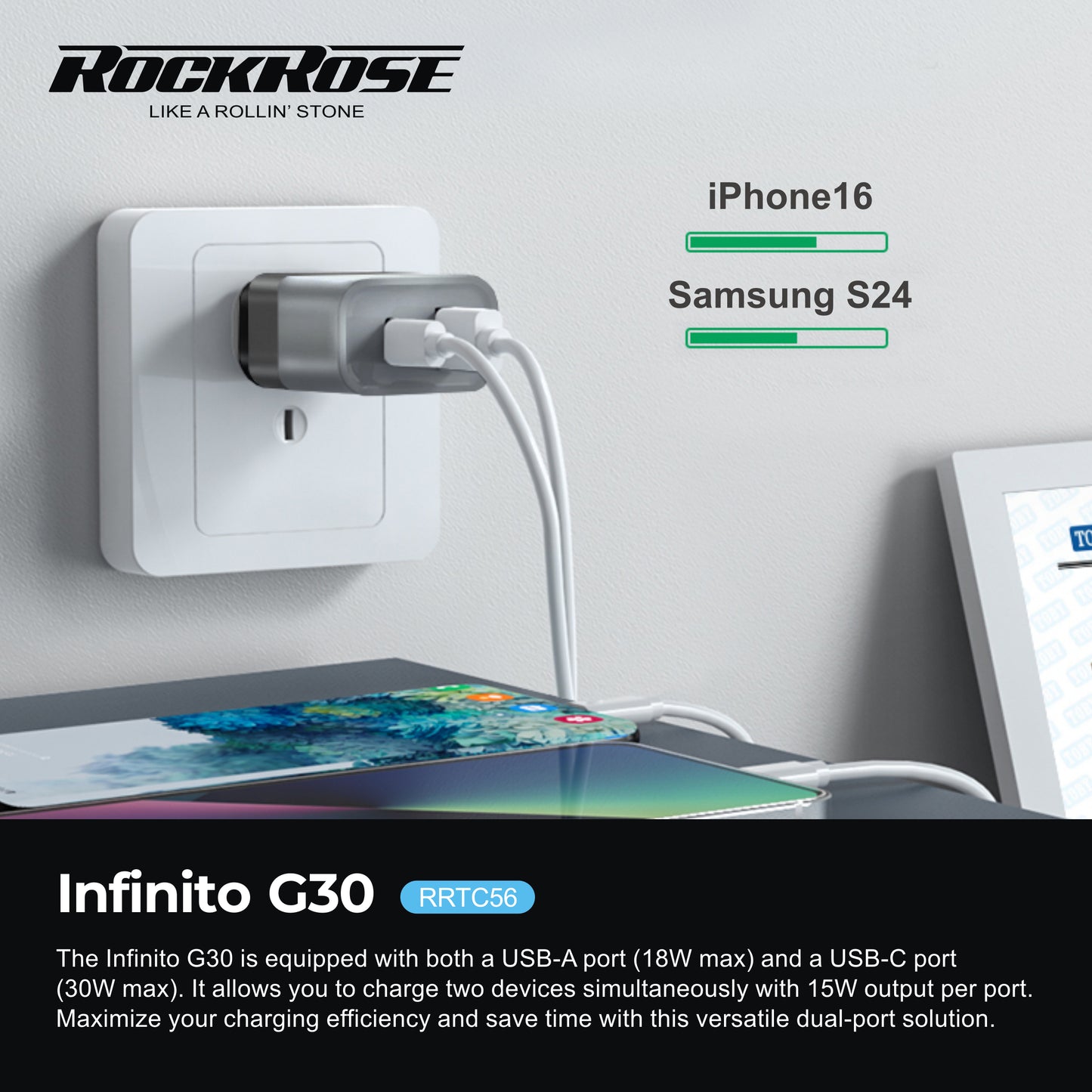 Rockrose Infinito G30 Dual Port Fast Charging 30W PD Power Adapter