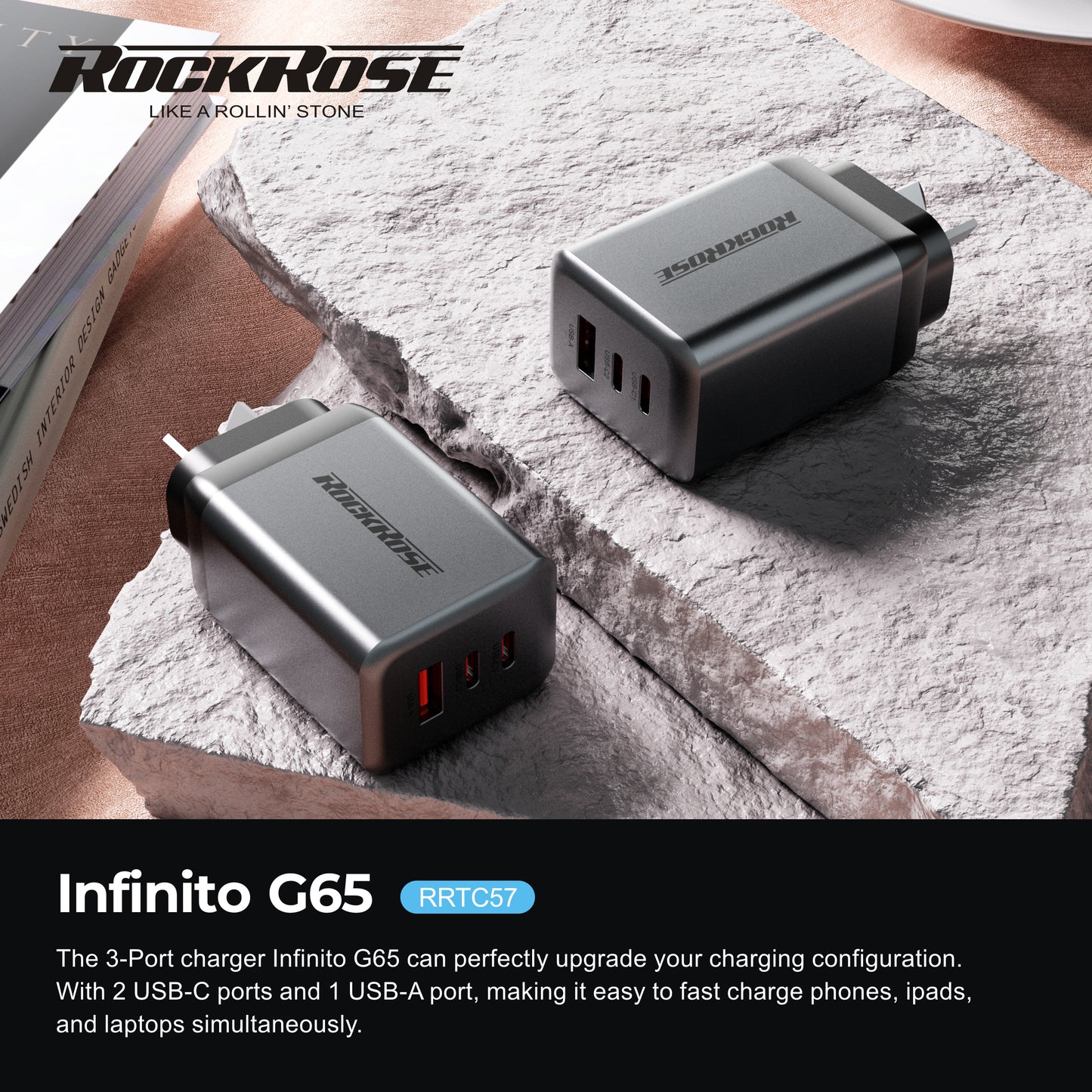 Rockrose Infinito G65 3-Port Fast Charging 65W GaN PD & QC 3.0 Power Adapter