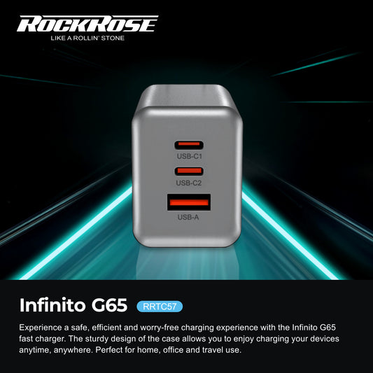 Rockrose Infinito G65 3-Port Fast Charging 65W GaN PD & QC 3.0 Power Adapter