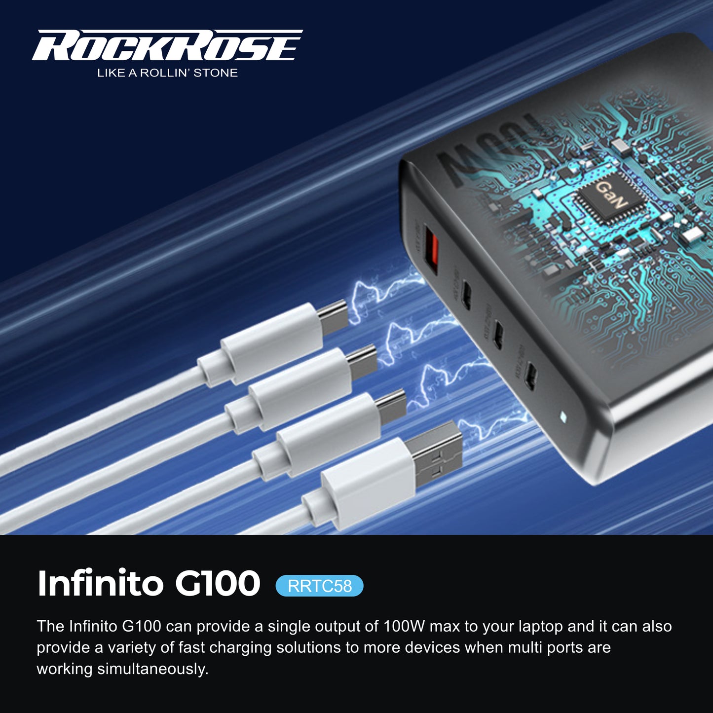 Rockrose Infinito G100 100W 4-Port GAN Charging Station 1.5M Extension Power Cord