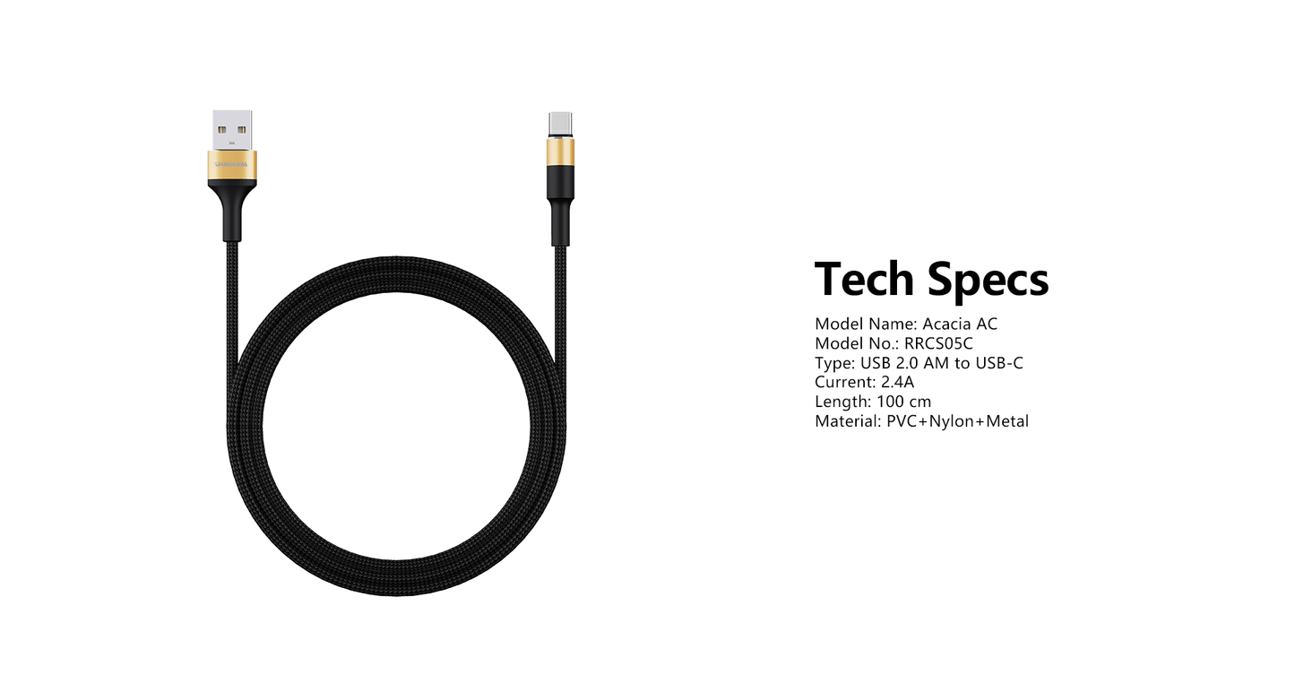 Rockrose Acacia AC 1m 2.4A Nylon Braided USB-C Charge & Sync Cable