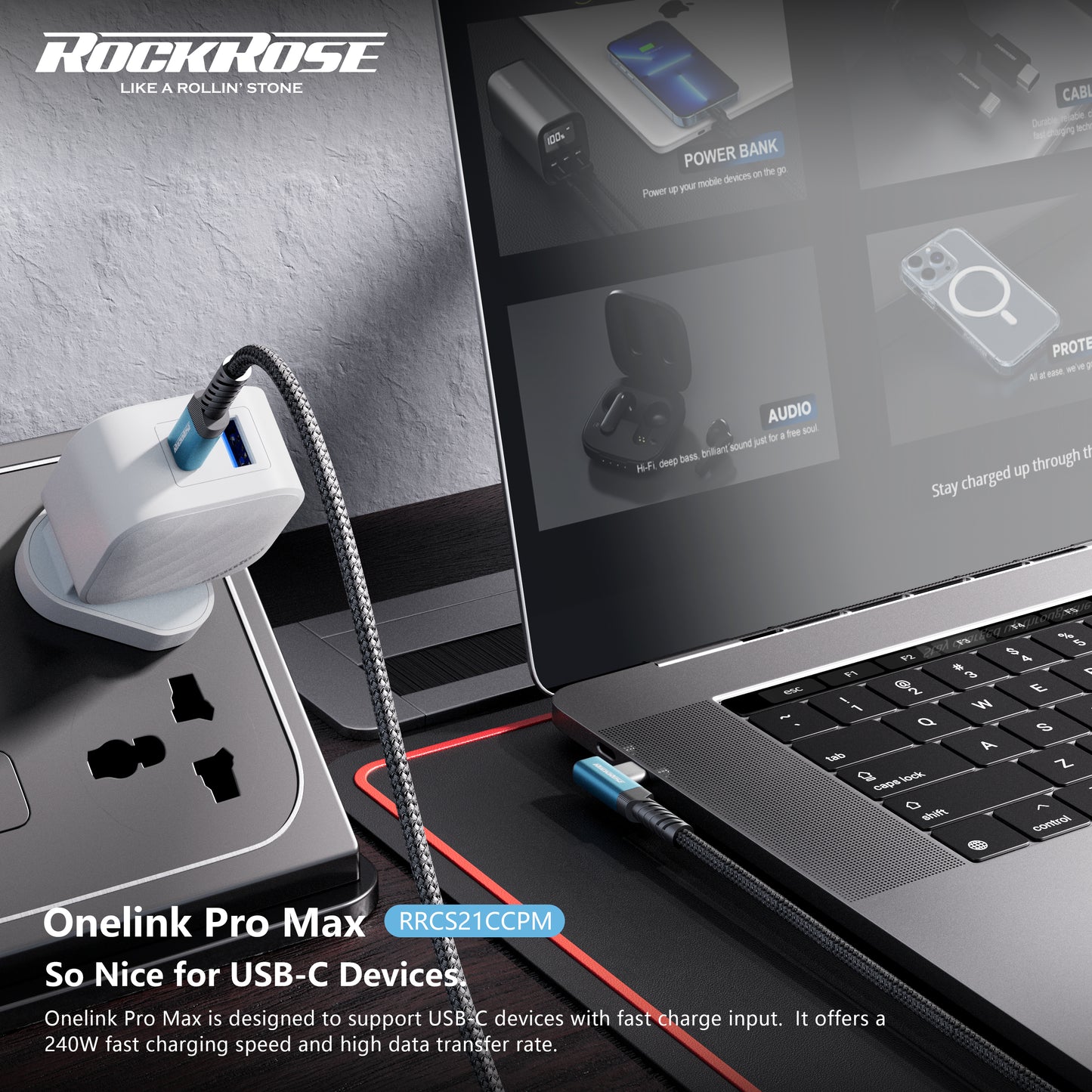 Rockrose OneLink Pro Max 240W Right Angle USB-C to USB-C Nylon Braided Cable