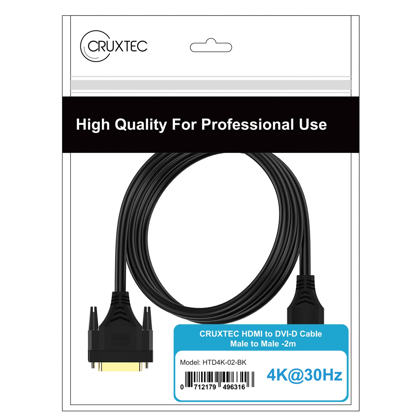 Cruxtec HDMI Male to DVI-D Male Reversible Cable 2m Black -4K@30Hz